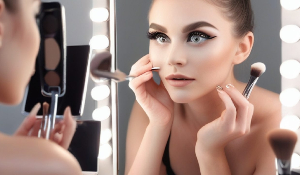 Close-up of a woman's eyes with magnetic eyelashes, reflecting satisfaction in a handheld mirror.